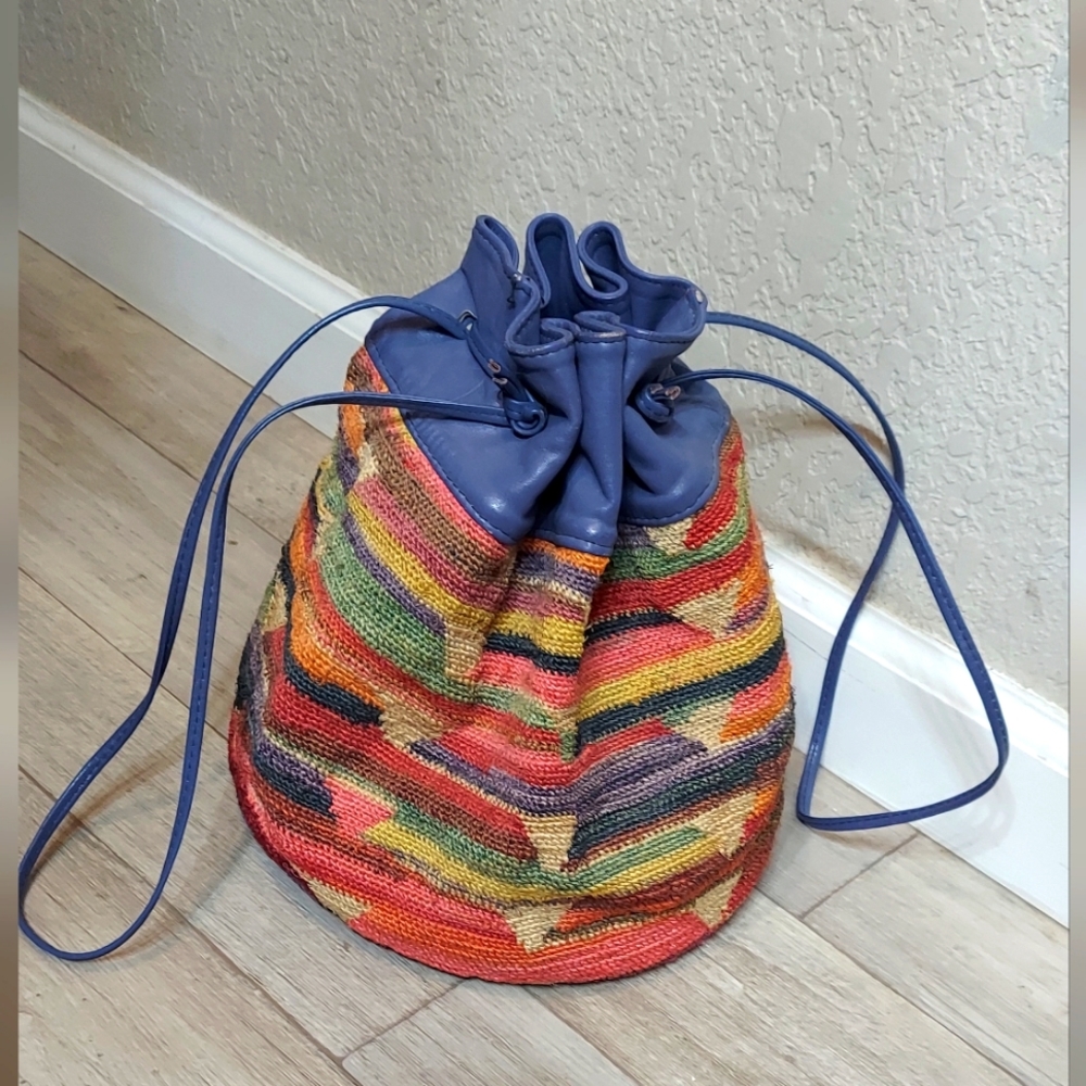 Vintage Handmade Leather Bucket Maxi Tote Shoulder Bag Natural Fiber Boho purse